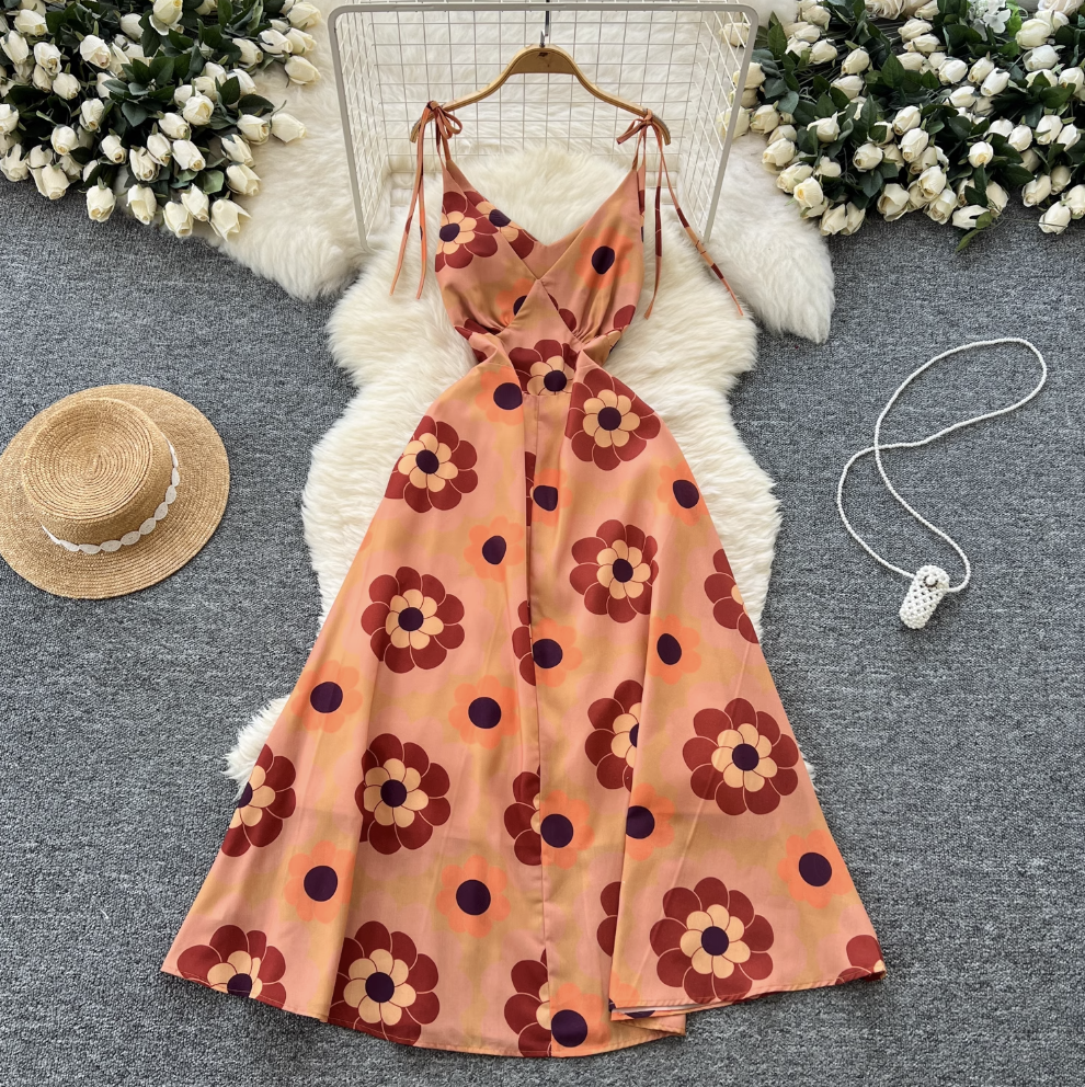 Bohemian Style Printed Backless Slip Dress