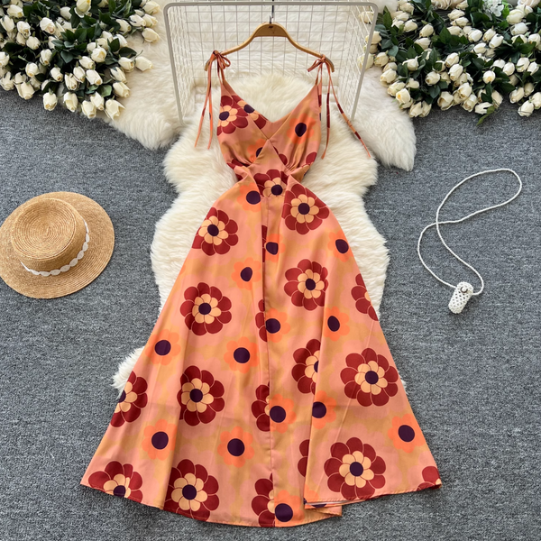 Bohemian Style Printed Backless Slip Dress
