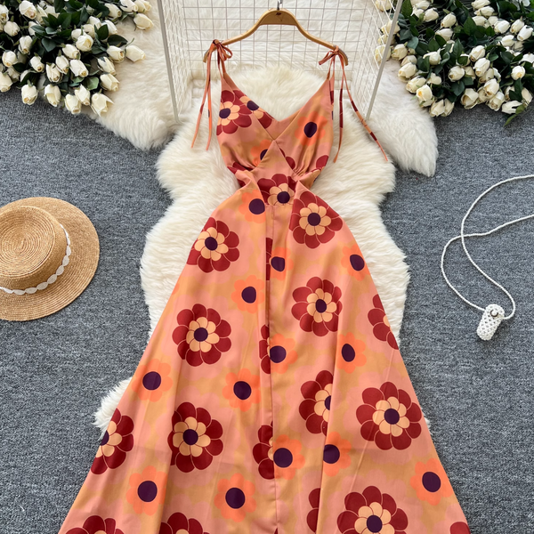 Bohemian Style Printed Backless Slip Dress
