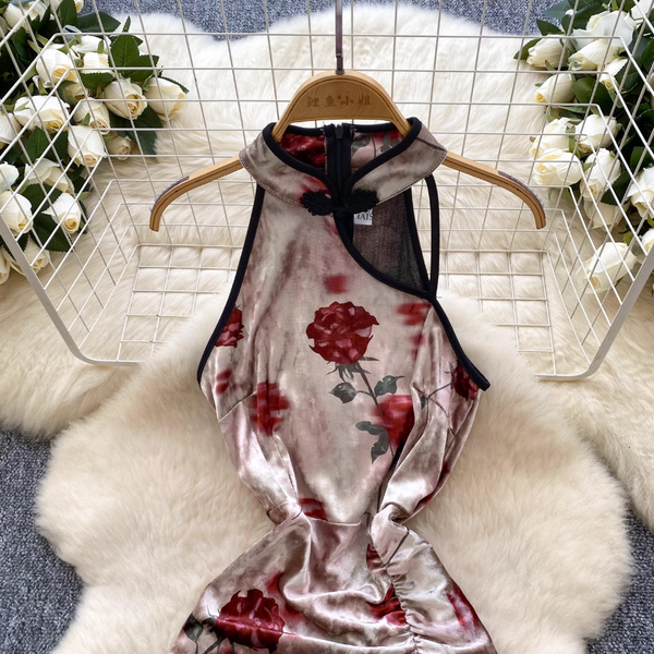 Chinese Style Floral Suede Cheongsam Dress