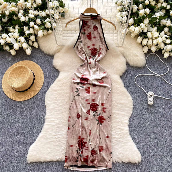 Chinese Style Floral Suede Cheongsam Dress