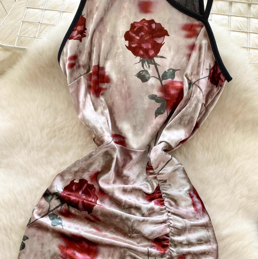 Chinese Style Floral Suede Cheongsam Dress