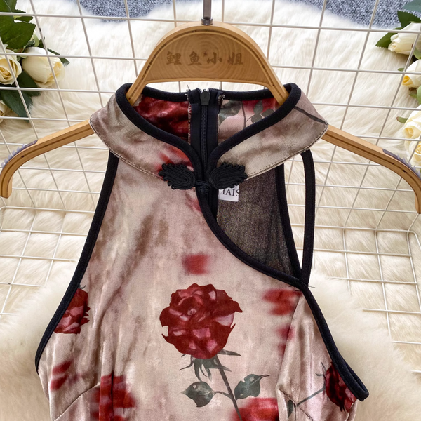Chinese Style Floral Suede Cheongsam Dress