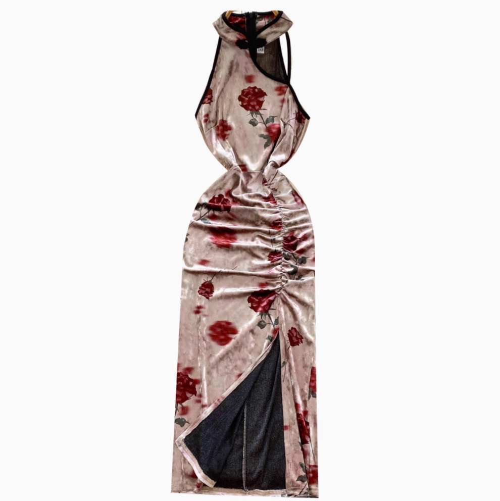 Chinese Style Floral Suede Cheongsam Dress