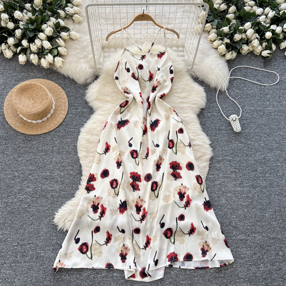 Vintage Rose Printed Hollowed Satin Dress