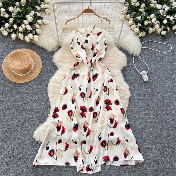 Vintage Rose Printed Hollowed Satin Dress