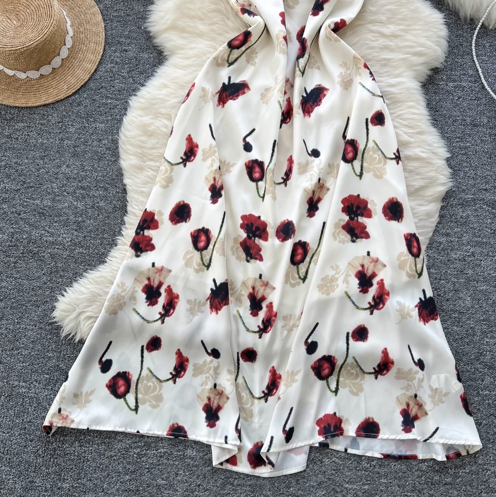 Vintage Rose Printed Hollowed Satin Dress