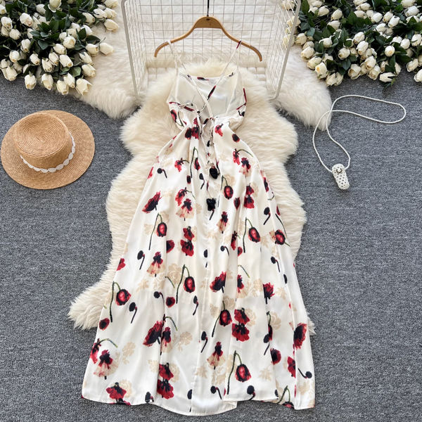 Vintage Rose Printed Hollowed Satin Dress