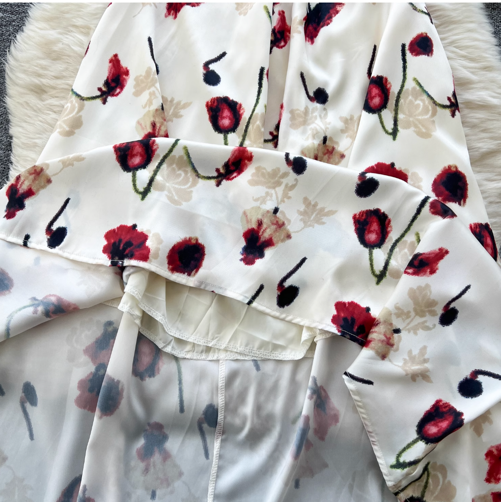 Vintage Rose Printed Hollowed Satin Dress