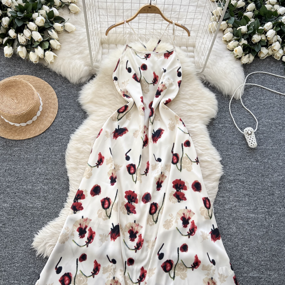 Vintage Rose Printed Hollowed Satin Dress
