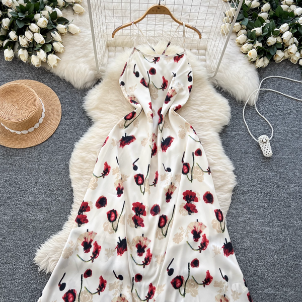 Vintage Rose Printed Hollowed Satin Dress