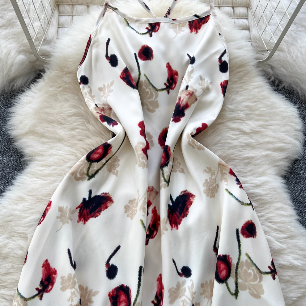 Vintage Rose Printed Hollowed Satin Dress