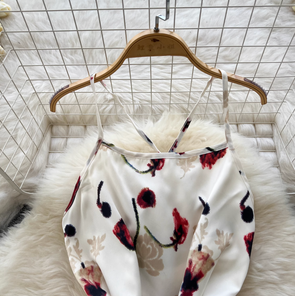 Vintage Rose Printed Hollowed Satin Dress
