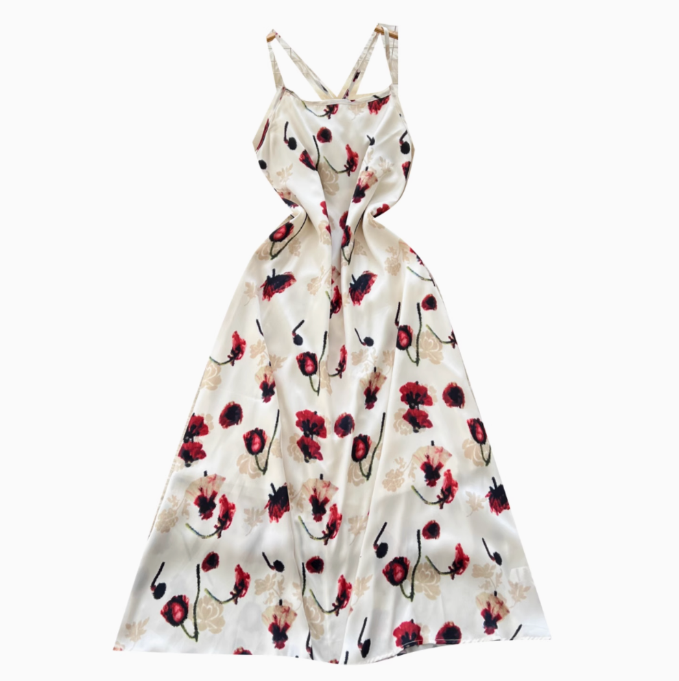 Vintage Rose Printed Hollowed Satin Dress
