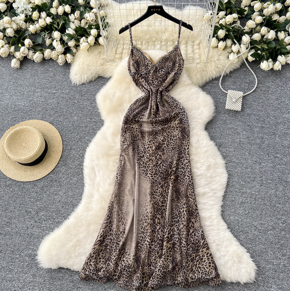 V-neck Leopard Printed Slip Dress