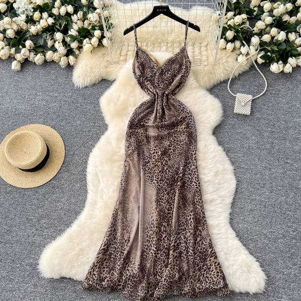 V-neck Leopard Printed Slip Dress