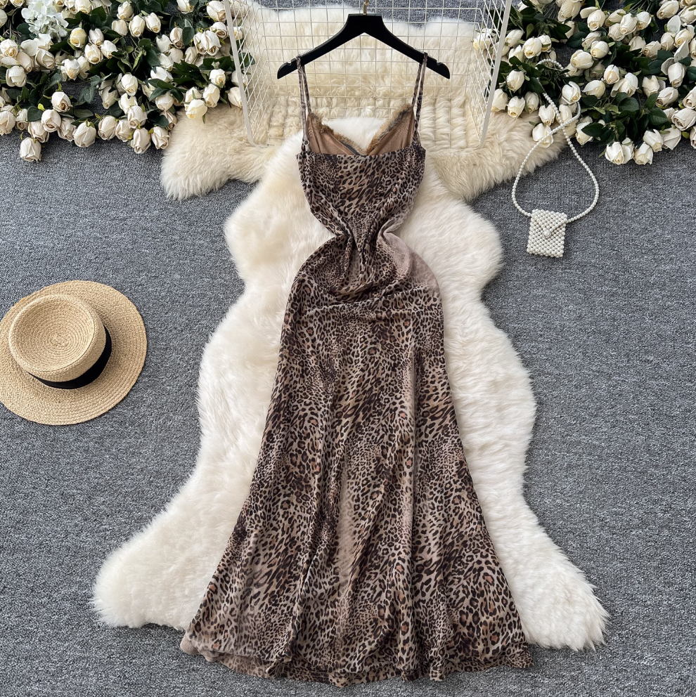 V-neck Leopard Printed Slip Dress
