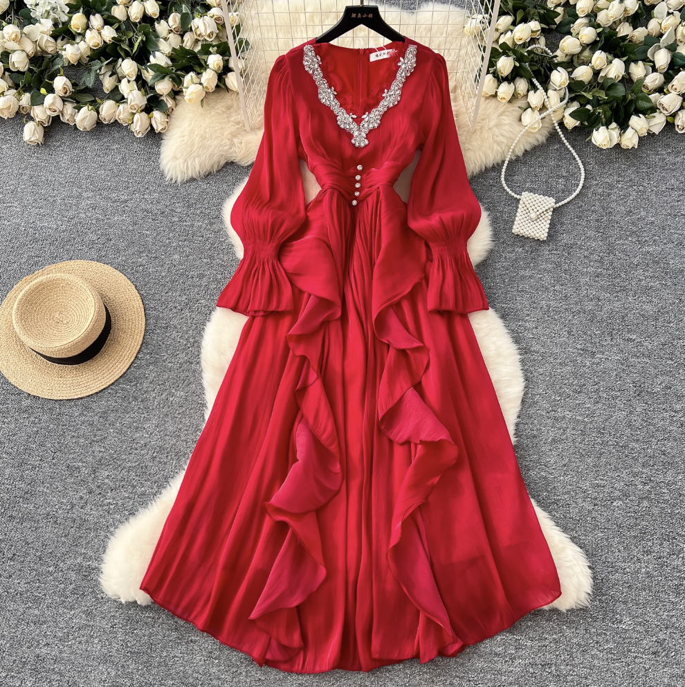 V-neck Rhinestone Studded Courtly Dress