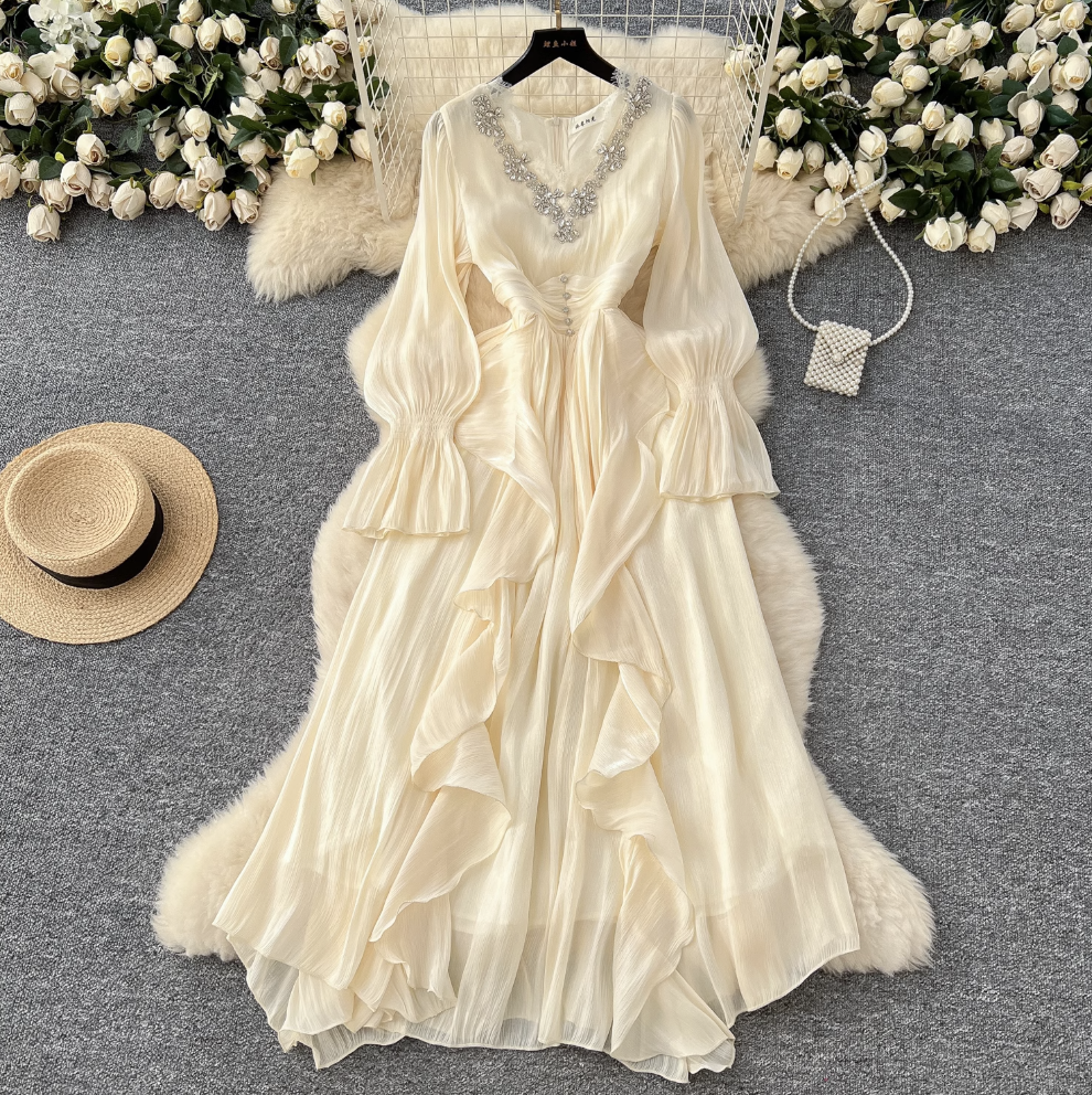 V-neck Rhinestone Studded Courtly Dress