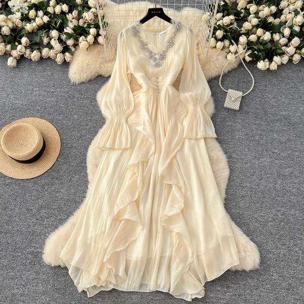 V-neck Rhinestone Studded Courtly Dress
