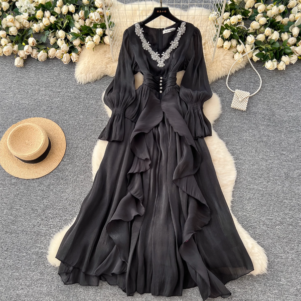 V-neck Rhinestone Studded Courtly Dress