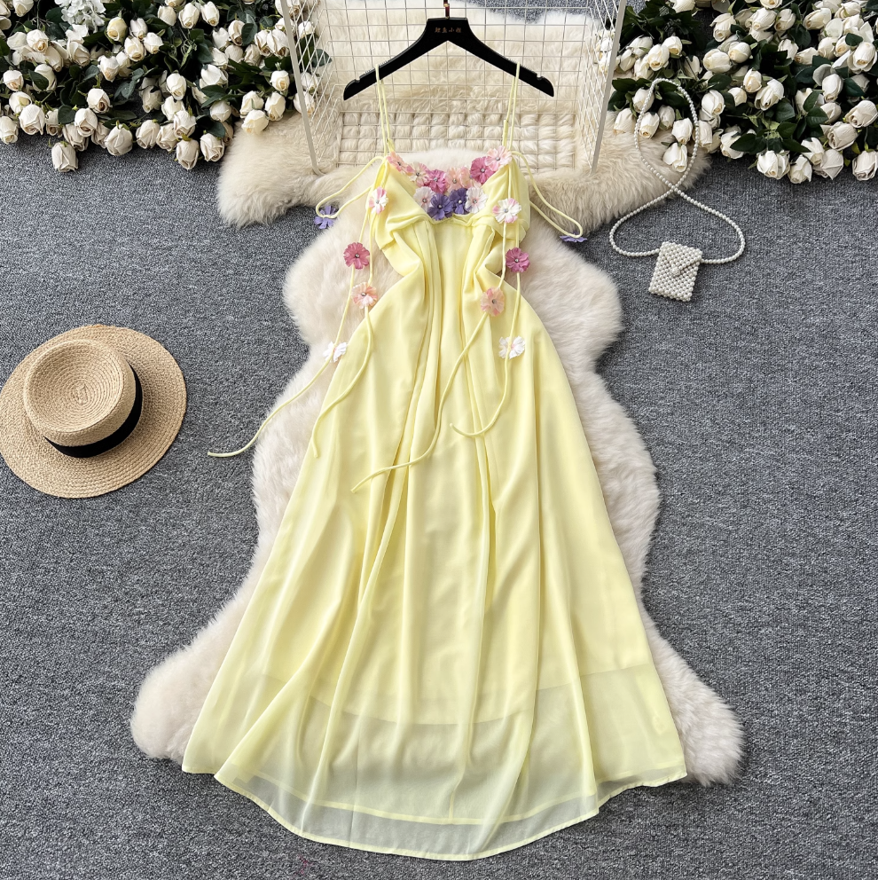 Fairy 3D Colorful Floral Slip Chiffon Dress