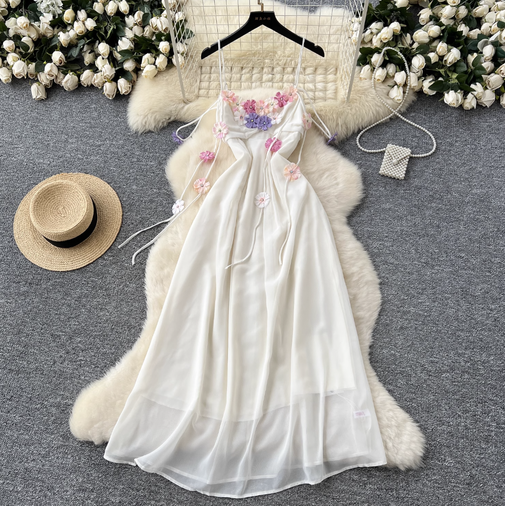 Fairy 3D Colorful Floral Slip Chiffon Dress