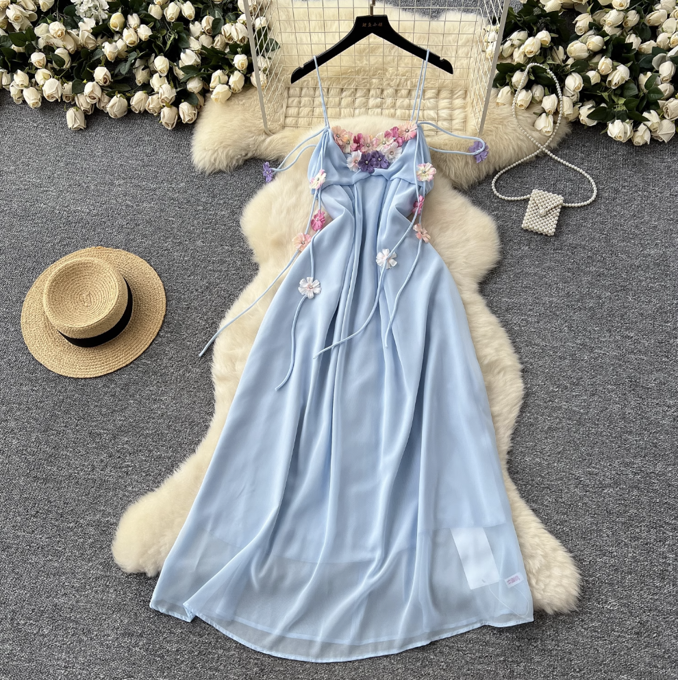 Fairy 3D Colorful Floral Slip Chiffon Dress