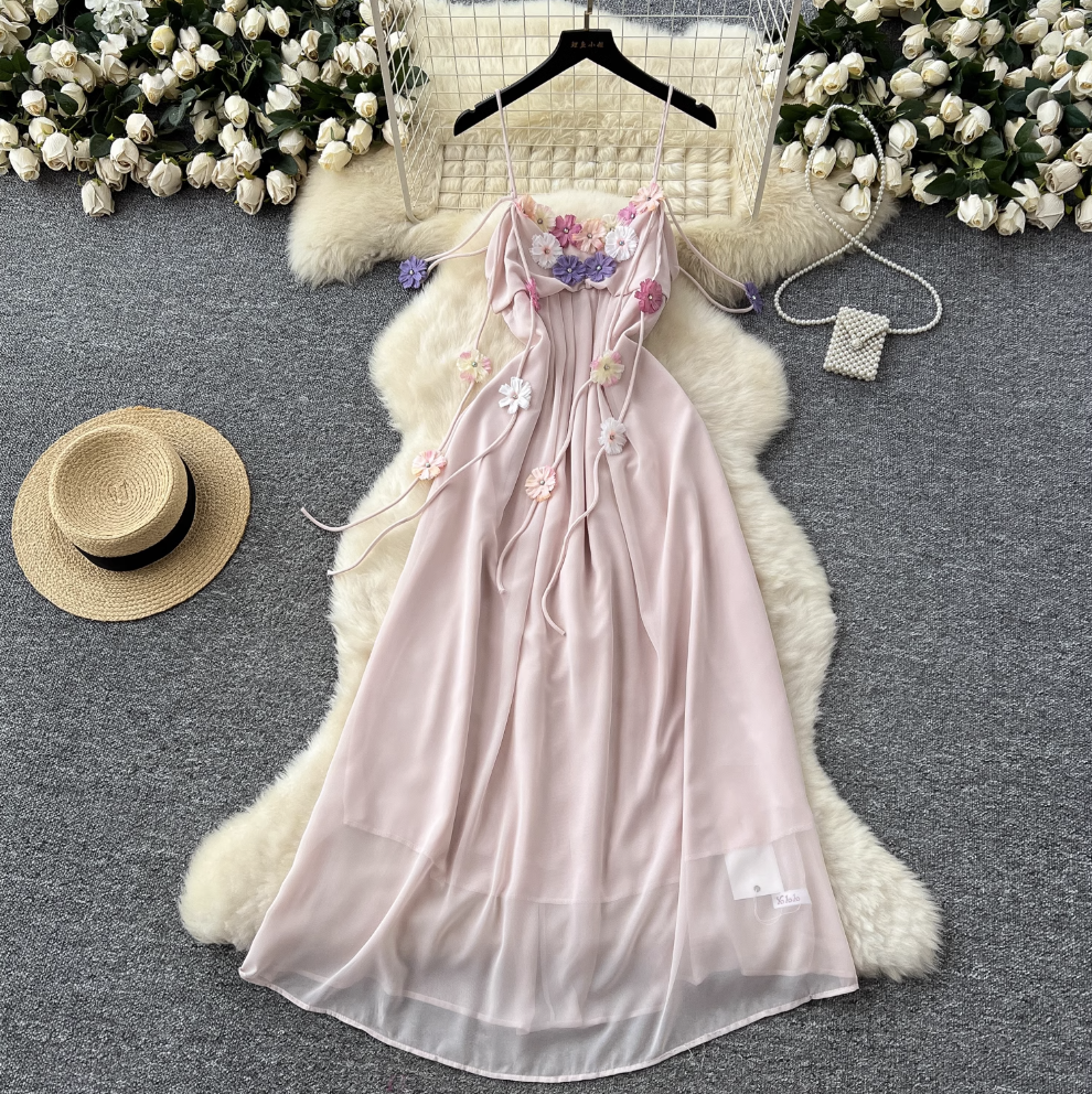 Fairy 3D Colorful Floral Slip Chiffon Dress
