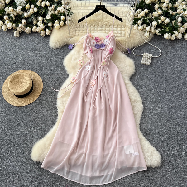 Fairy 3D Colorful Floral Slip Chiffon Dress