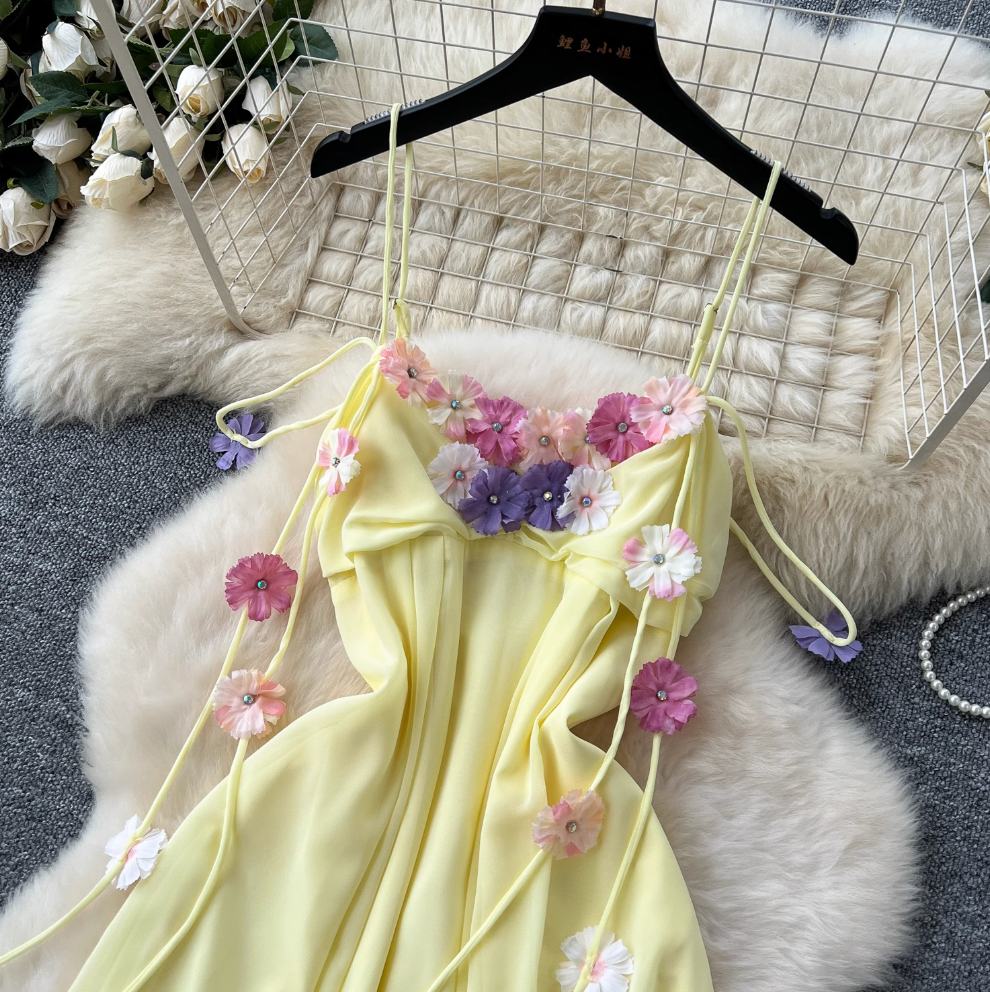 Fairy 3D Colorful Floral Slip Chiffon Dress