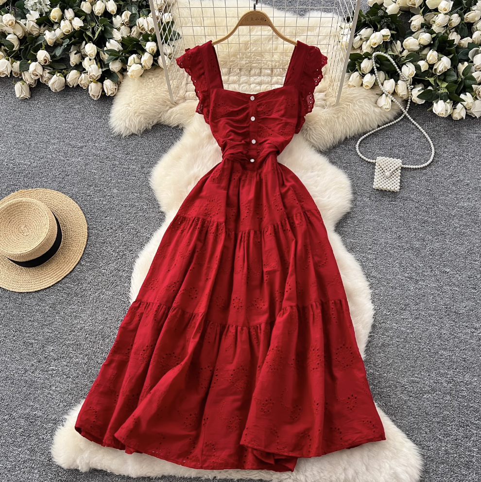 French Style Hollowed Embroidery Dress