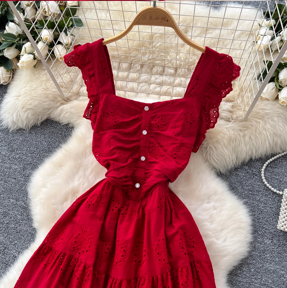French Style Hollowed Embroidery Dress