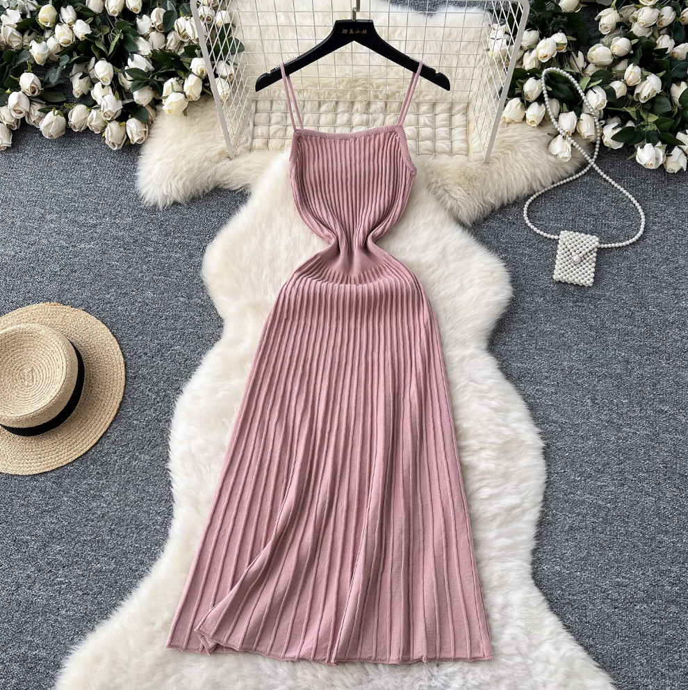 Elegant Solid Color Striped Slim Dress