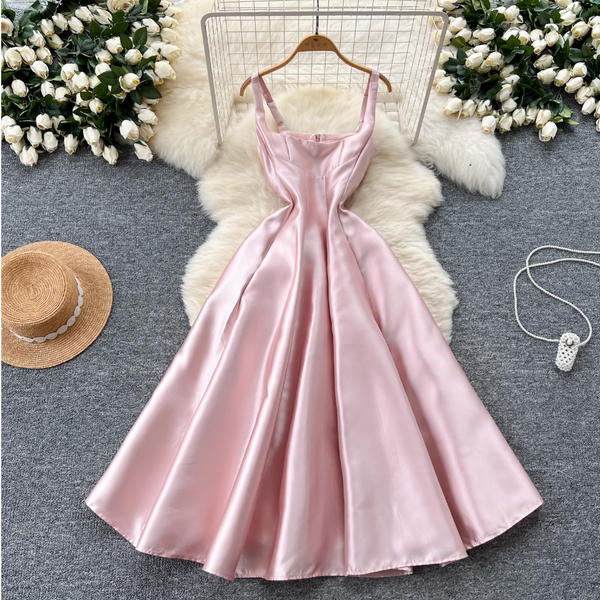 French Style Glossy Pink Slip Dress