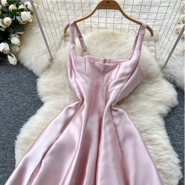 French Style Glossy Pink Slip Dress
