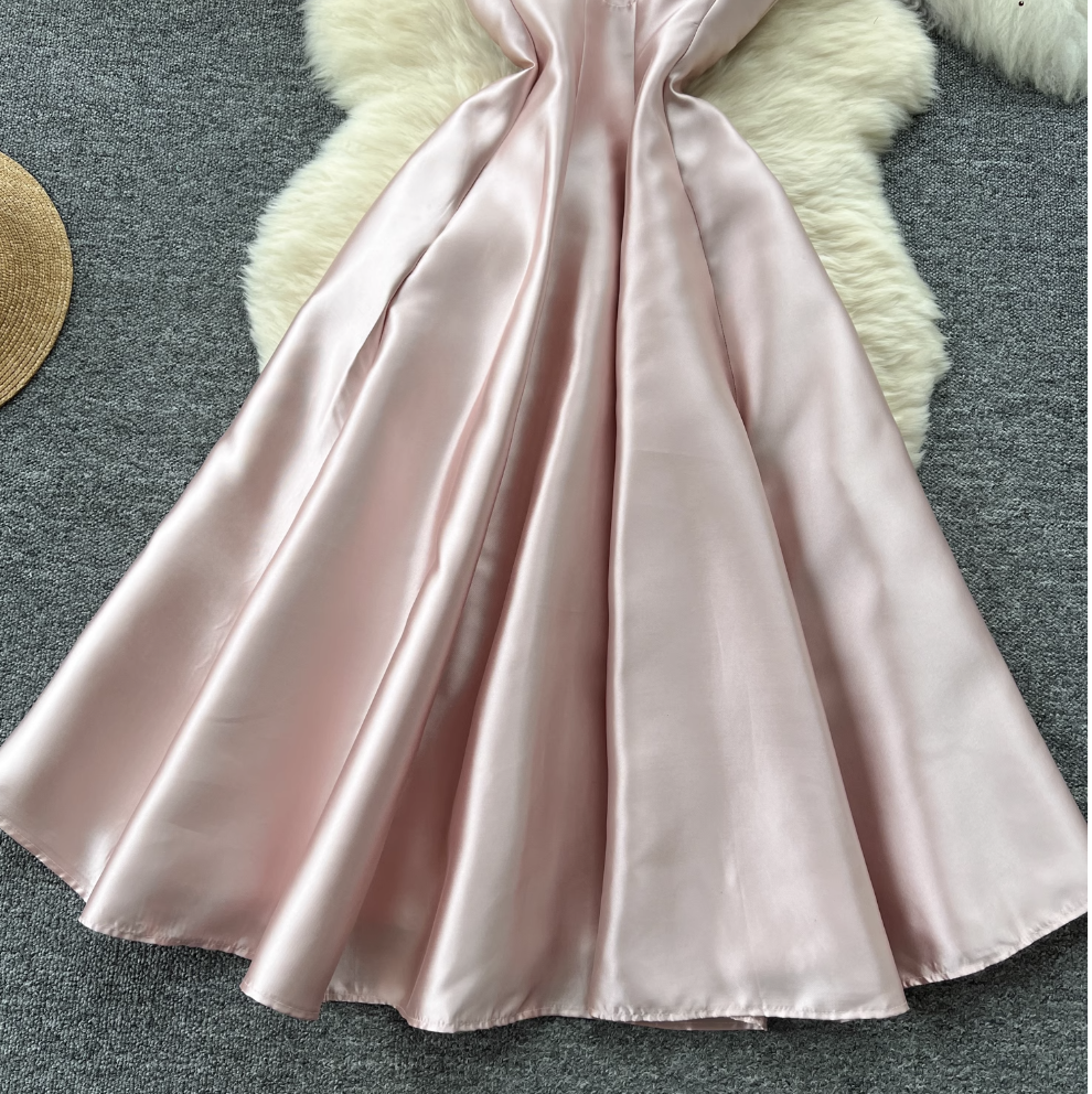 French Style Glossy Pink Slip Dress