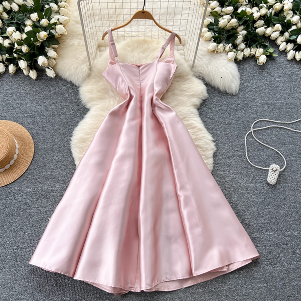 French Style Glossy Pink Slip Dress