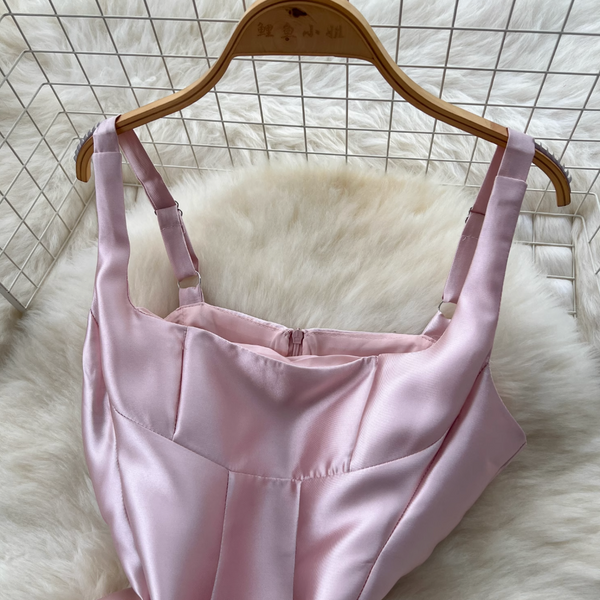 French Style Glossy Pink Slip Dress