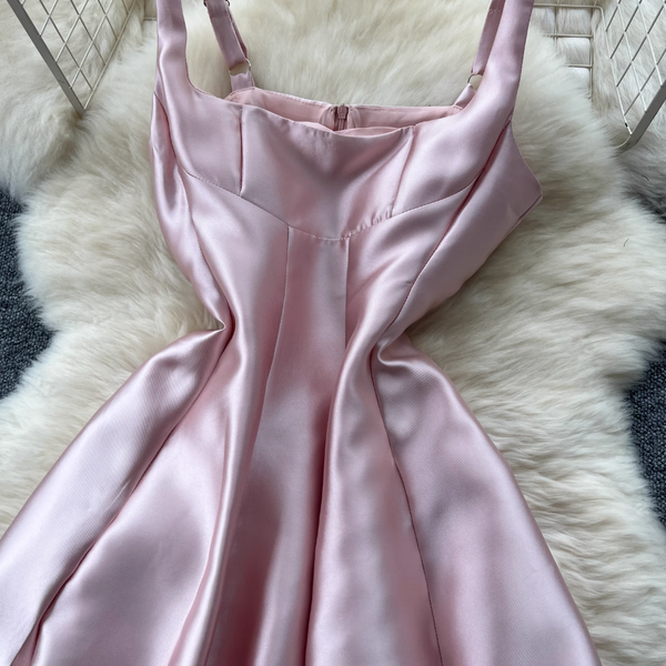 French Style Glossy Pink Slip Dress