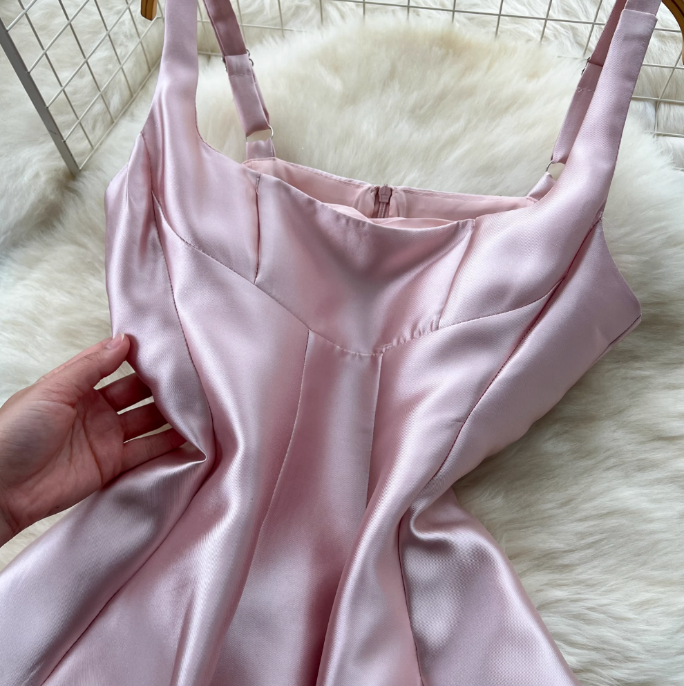 French Style Glossy Pink Slip Dress