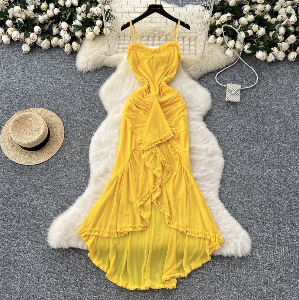 Irregular Design Mesh Yellow Slip Dress