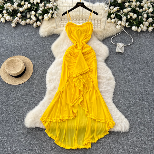 Irregular Design Mesh Yellow Slip Dress