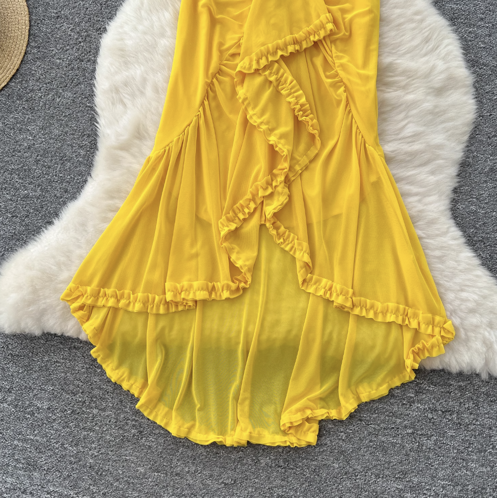 Irregular Design Mesh Yellow Slip Dress