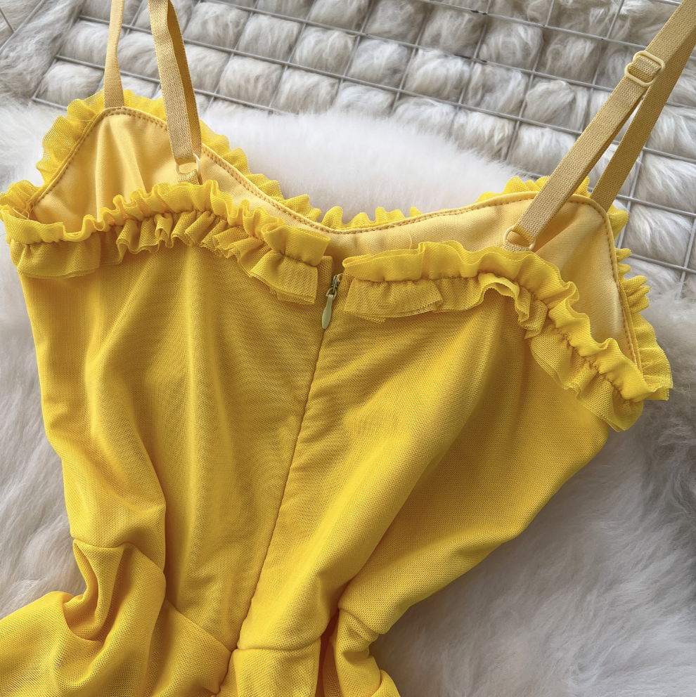 Irregular Design Mesh Yellow Slip Dress