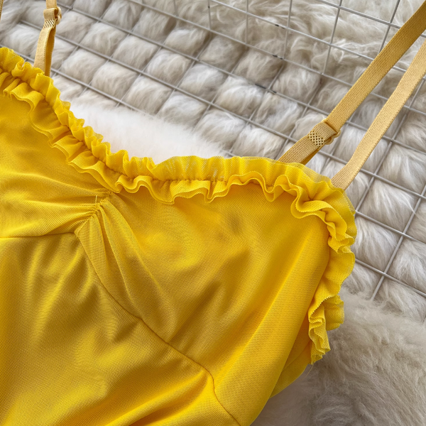 Irregular Design Mesh Yellow Slip Dress