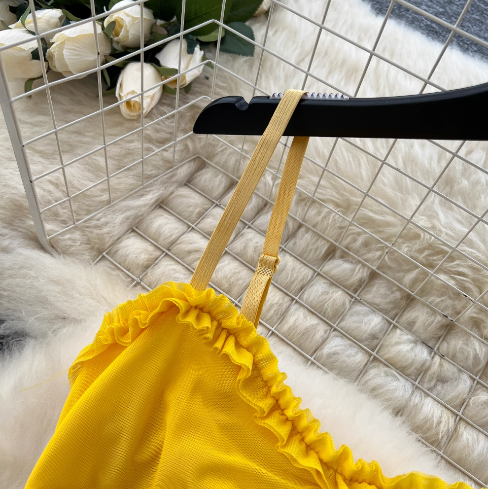 Irregular Design Mesh Yellow Slip Dress