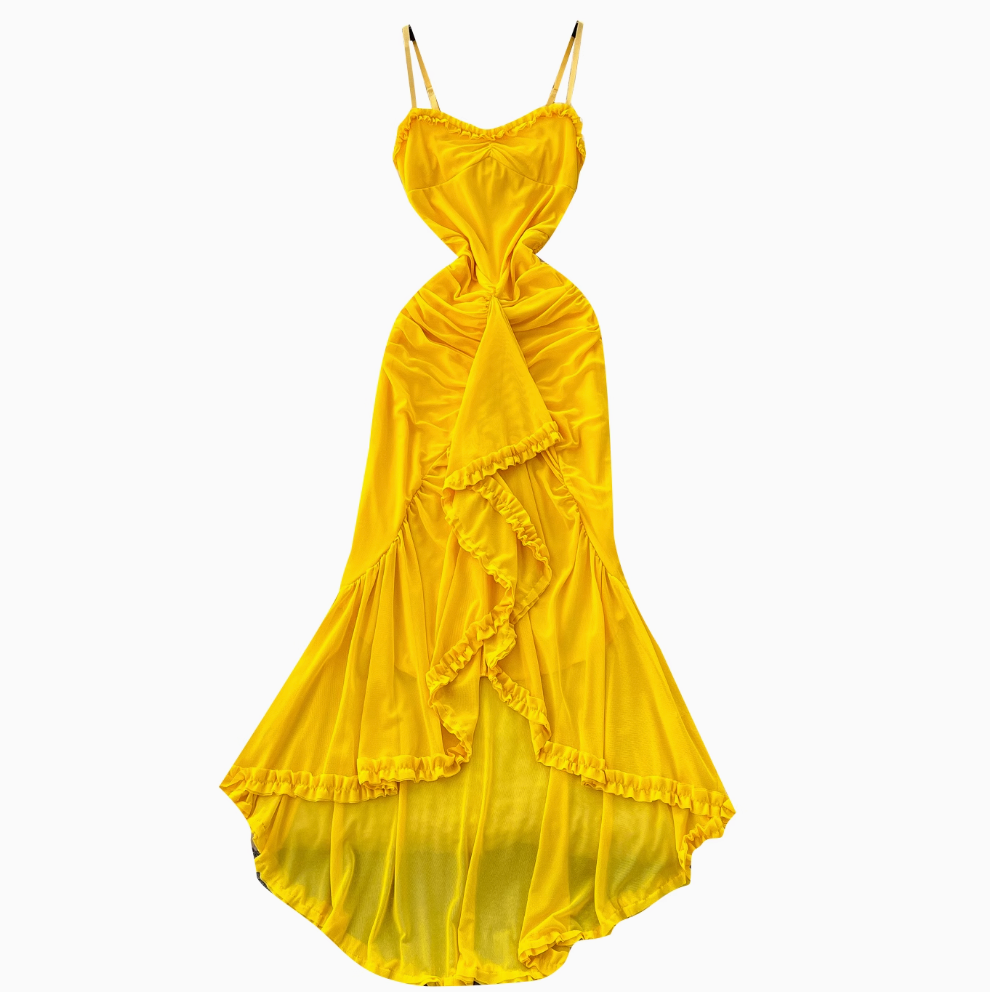 Irregular Design Mesh Yellow Slip Dress