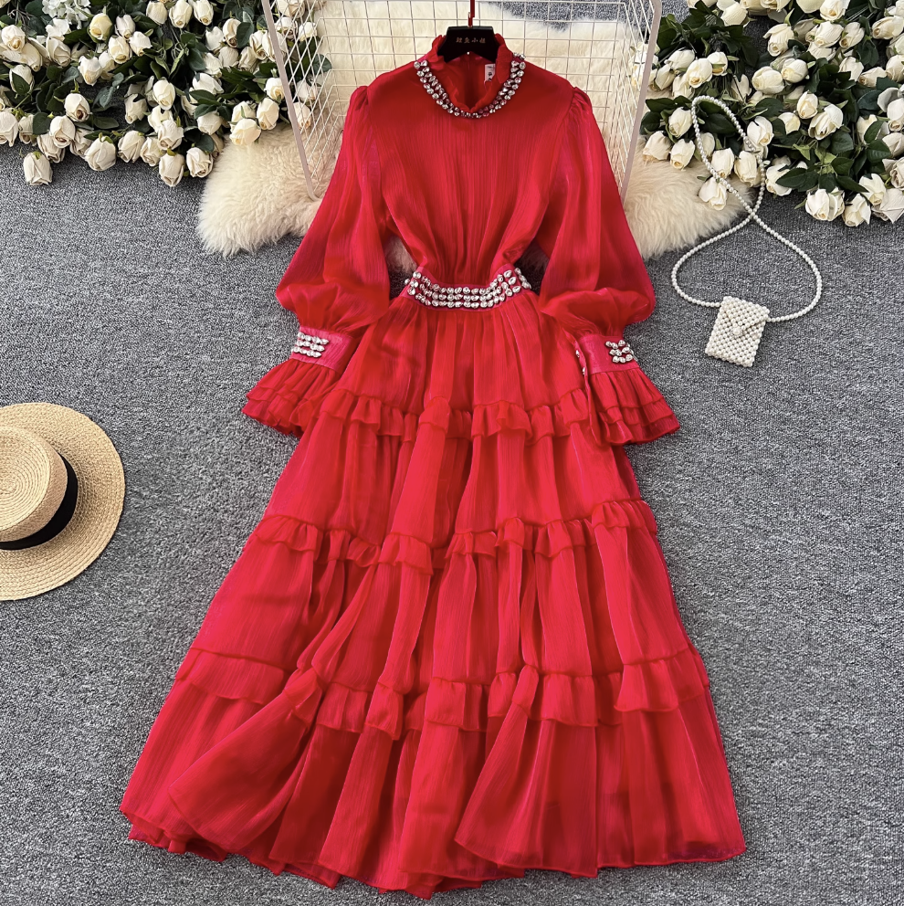 Stand Collar Rhinestone Beaded Dress