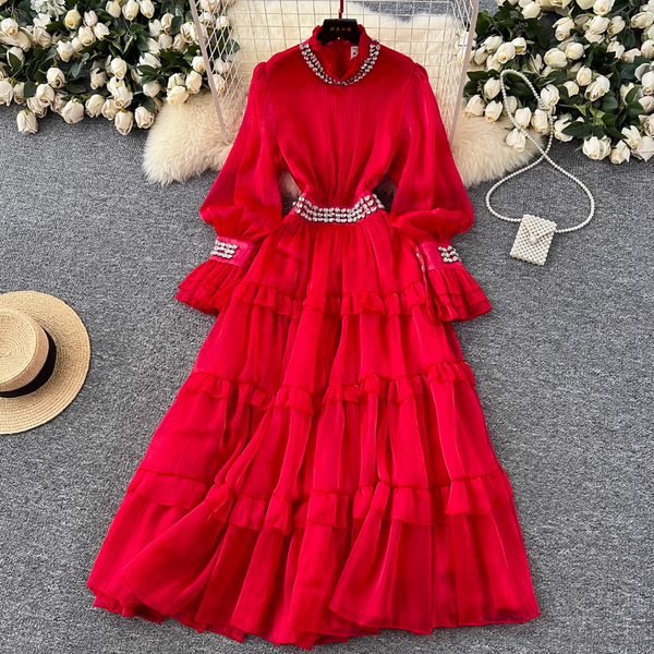 Stand Collar Rhinestone Beaded Dress